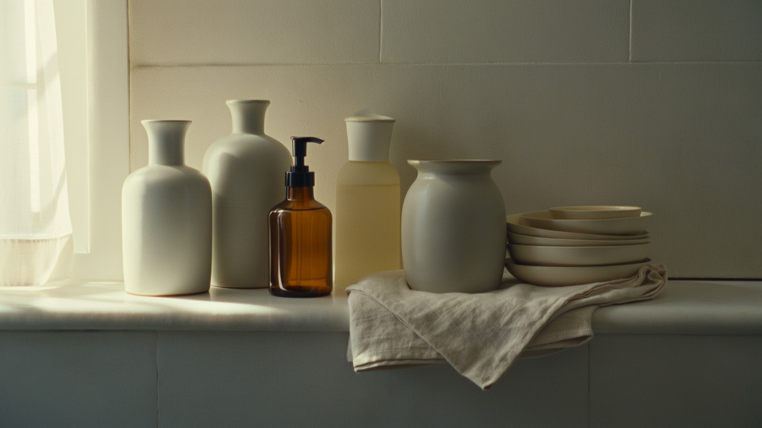 A minimalist bathroom shelf with a few unbranded skincare bottles in soft morning light