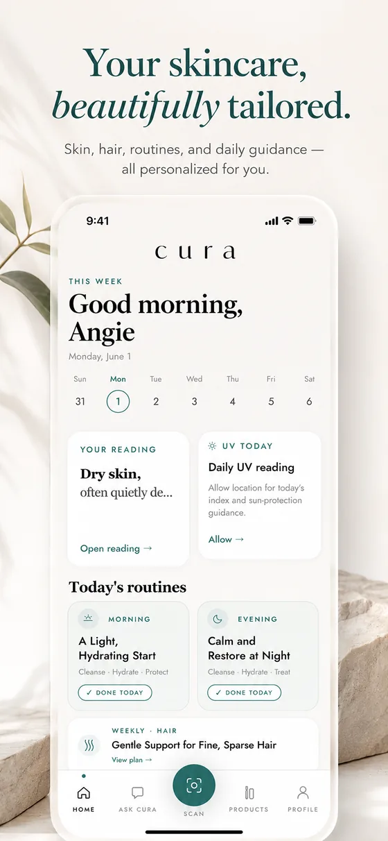 MyCura home screen with a personalised greeting and the day's skin and hair routines