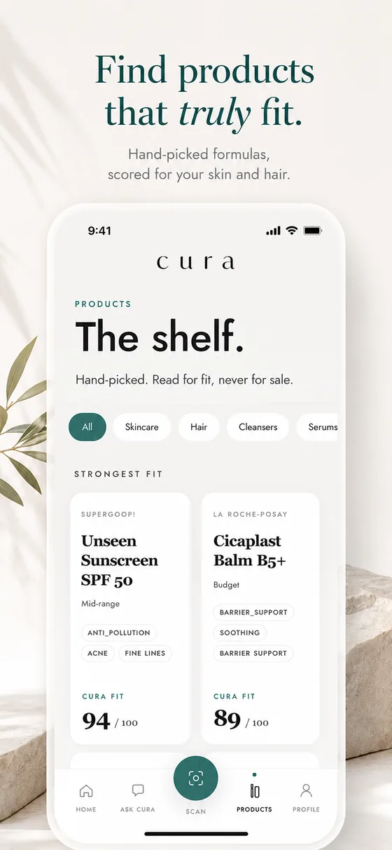 MyCura product shelf with formulas scored for fit to your profile